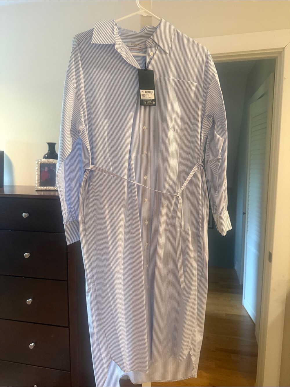 Scotch & Soda Light Blue and White Striped Midi Shirt Dress